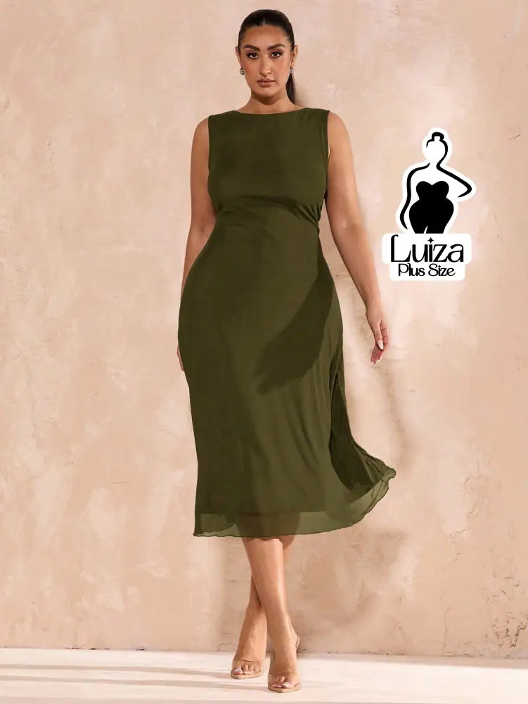 Vestido Midi Minimalista Sem Mangas Elegante Plus Size Verde Militar / G Vestido Midi Minimalista Sem Mangas Elegante