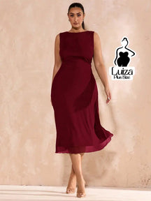 Vestido Midi Minimalista Sem Mangas Elegante Plus Size Vinho / G Vestido Midi Minimalista Sem Mangas Elegante Plus Size