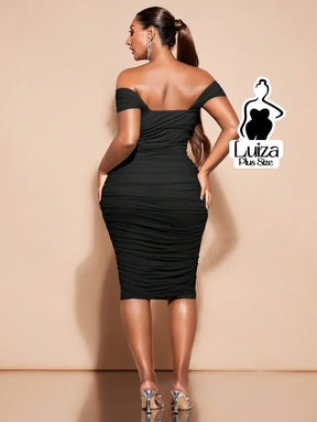 Vestido Midi Ombro A Ombro Justo Drapeado Plus Size Vestido Midi Ombro A Ombro Justo Drapeado Plus Size