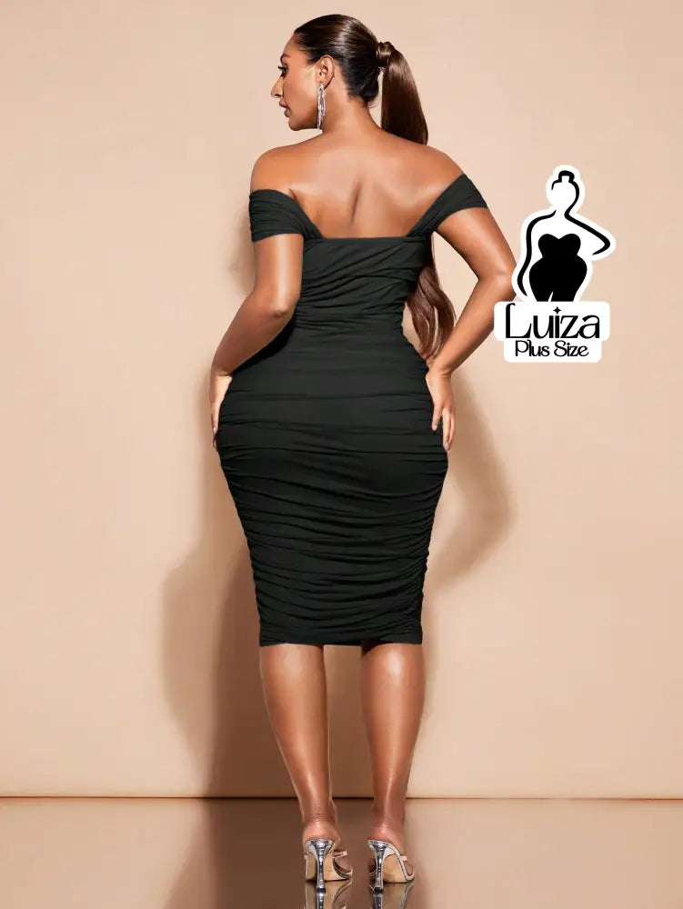 Vestido Midi Ombro A Ombro Justo Drapeado Plus Size Vestido Midi Ombro A Ombro Justo Drapeado Plus Size