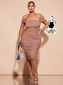 Vestido Midi Ombro A Ombro Justo Drapeado Plus Size Rosa Empoeirado / G Vestido Midi Ombro A Ombro Justo Drapeado Plus