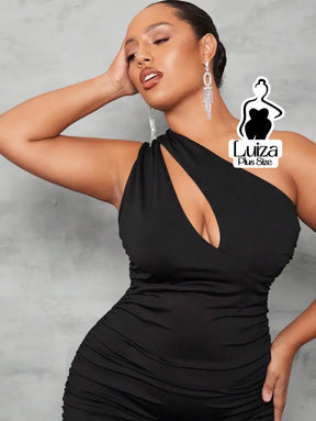 Vestido Midi Um Ombro Só Recorte Drapeado Elegante Plus Size Vestido Midi Um Ombro Só Recorte Drapeado Elegante Plus