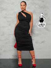 Vestido Midi Um Ombro Só Recorte Drapeado Elegante Plus Size Preto / G Vestido Midi Um Ombro Só Recorte Drapeado