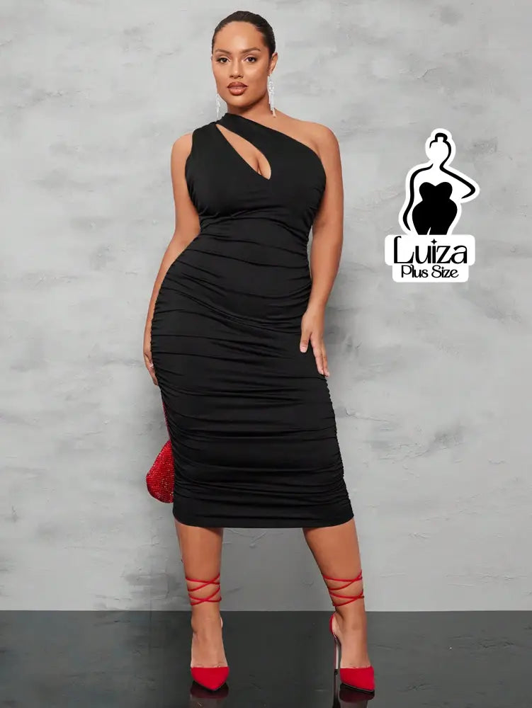 Vestido Midi Um Ombro Só Recorte Drapeado Elegante Plus Size Preto / G Vestido Midi Um Ombro Só Recorte Drapeado